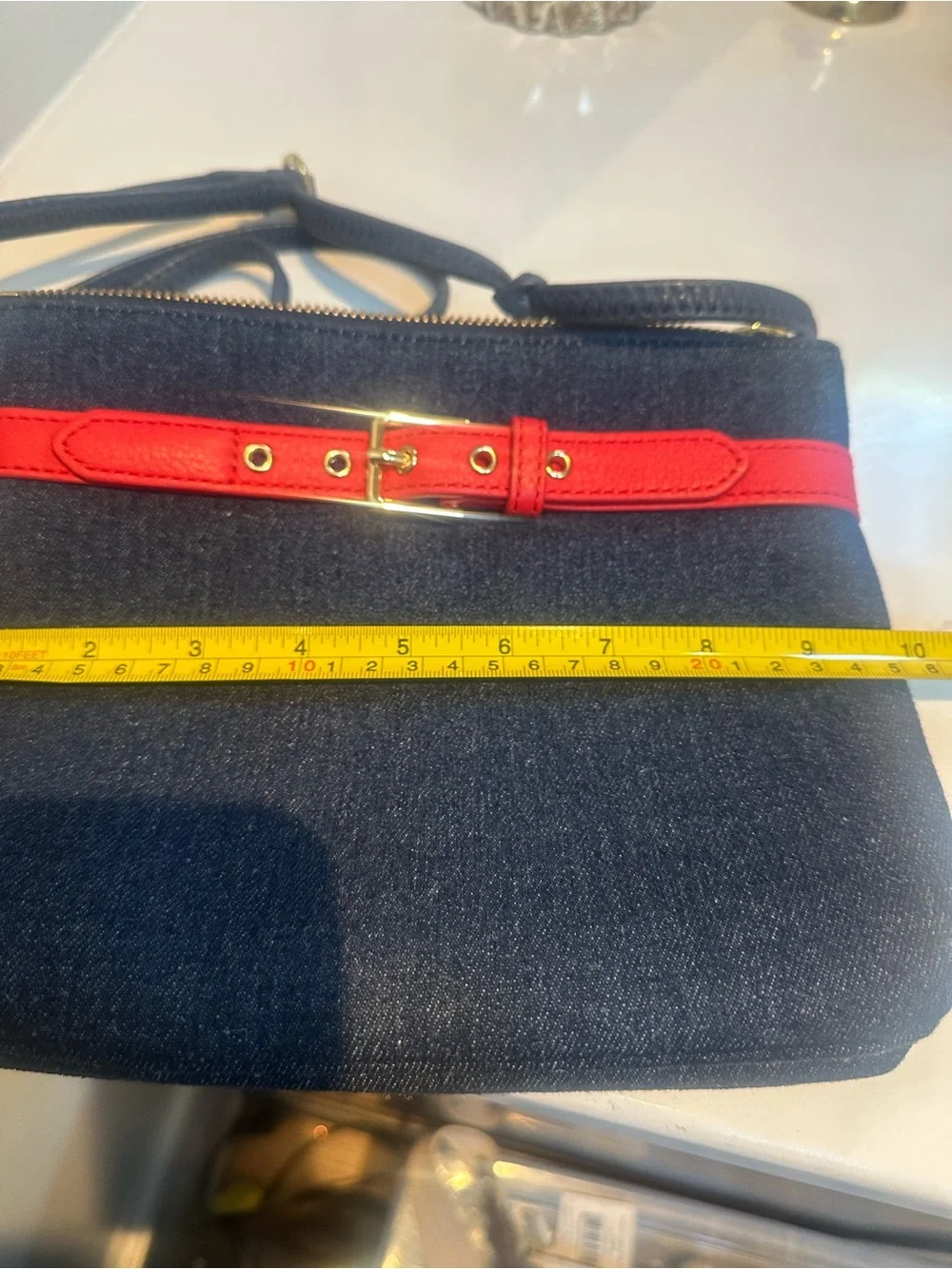 Talbots denim Crossbody Bag with Red Belt Accent